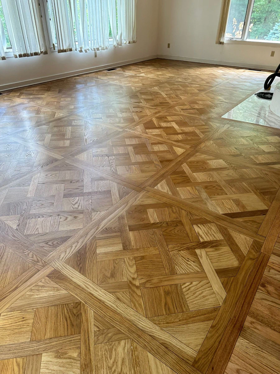 Old tile floor removed and new tile being installed