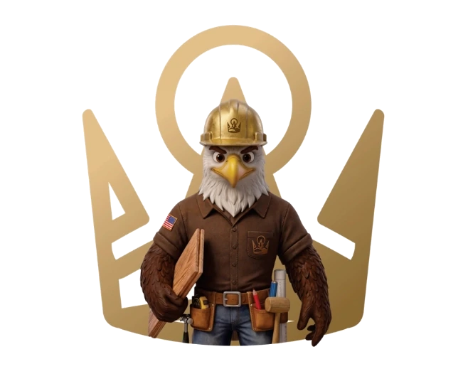 Hardwood Kings eagle mascot in a gold hard hat holding a wood plank